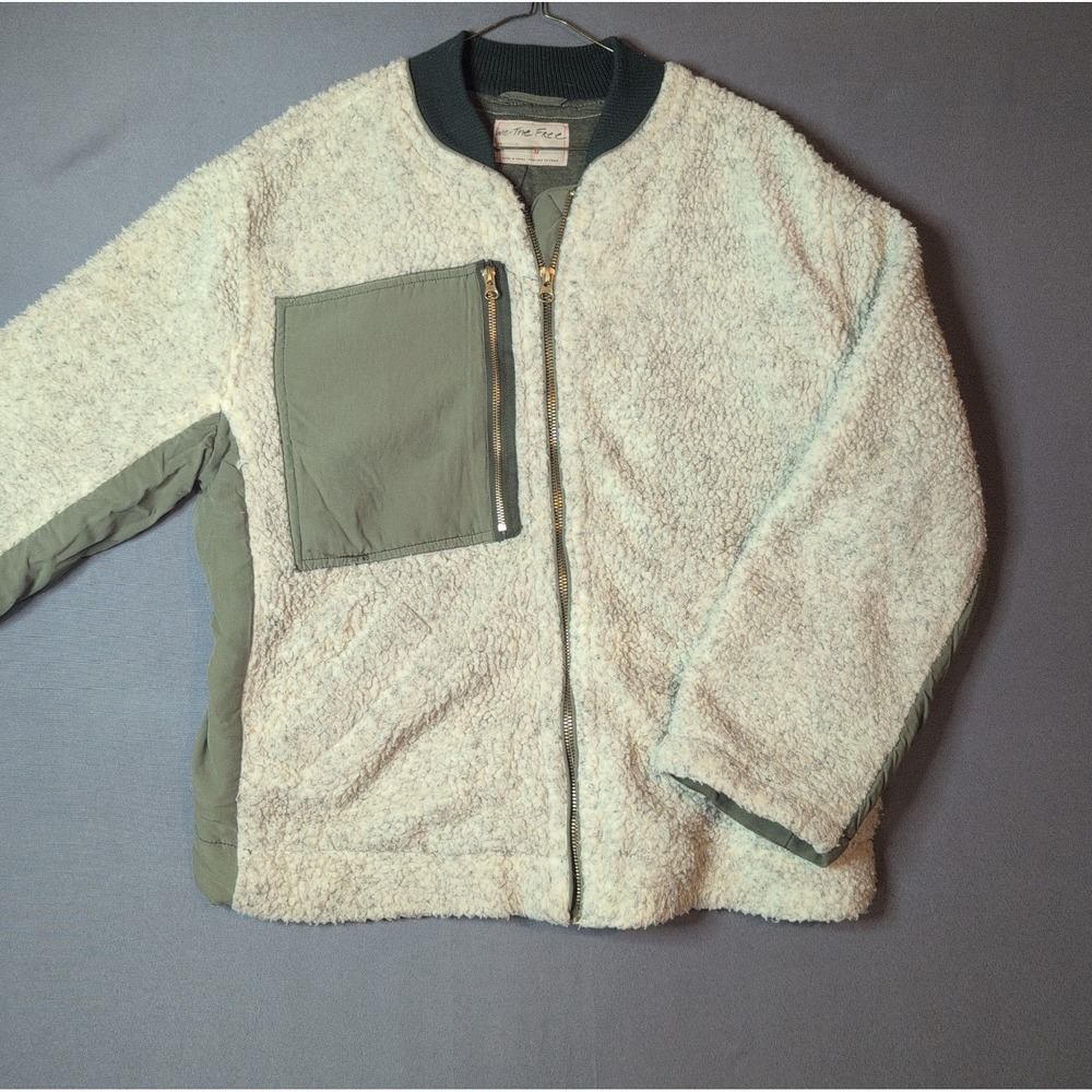 Free People Rivington Jacket Sherpa Fleece Oatmeal Olive Green Womens Medium